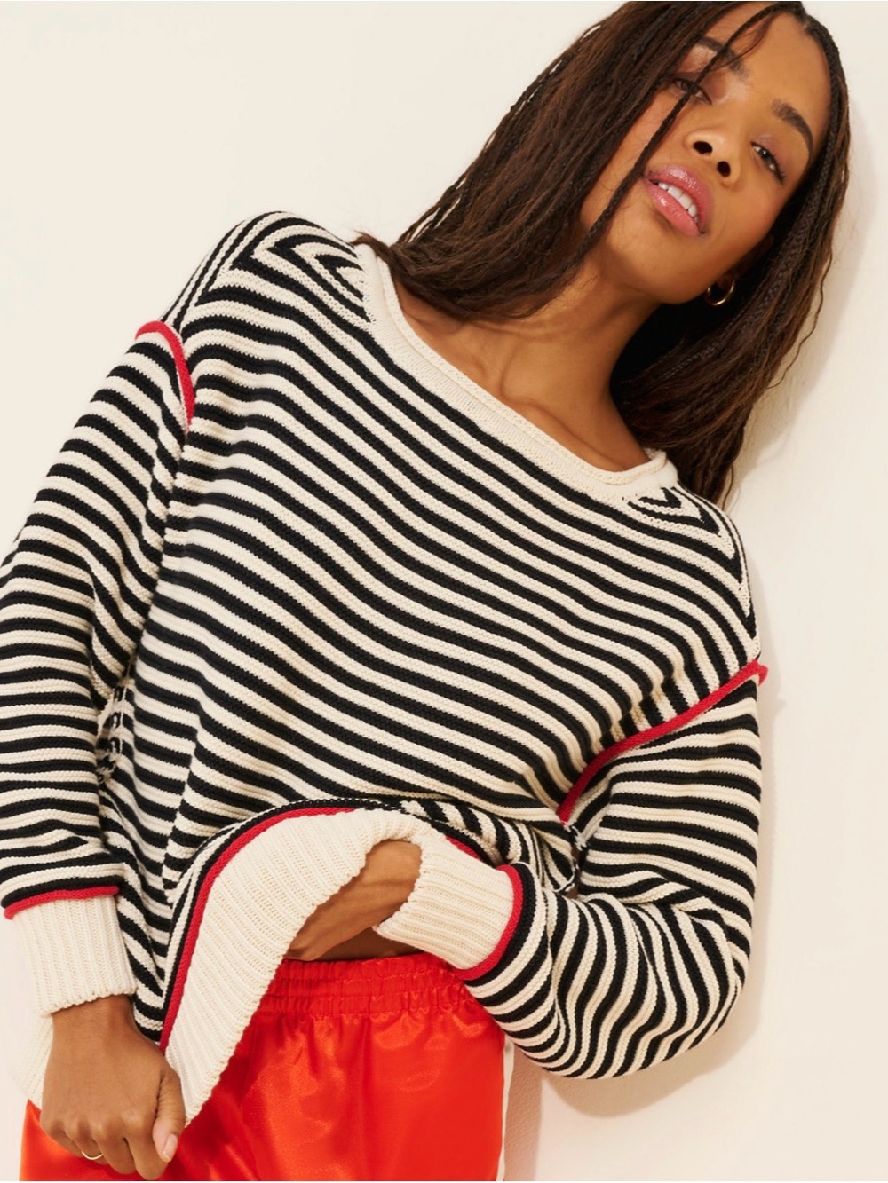 Striped Black and White Sweater with Red Trim - Women